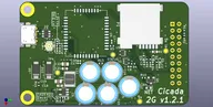 Top-side PCB render of the Cicada 2G communications board with cellular module slot Top-side PCB render of the Cicada 2G communications board with cellular module slot