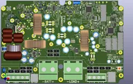 Detailed PCB render of the Edamame main power board for battery, load, solar, and grid connections Detailed PCB render of the Edamame main power board for battery, load, solar, and grid connections