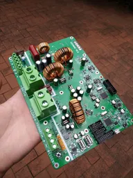 Assembled Okra Edamame power board with large inductors, power terminals, and control electronics Assembled Okra Edamame power board with large inductors, power terminals, and control electronics