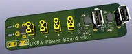 3D render of an early Okra power board with screw terminals and USB connectors 3D render of an early Okra power board with screw terminals and USB connectors
